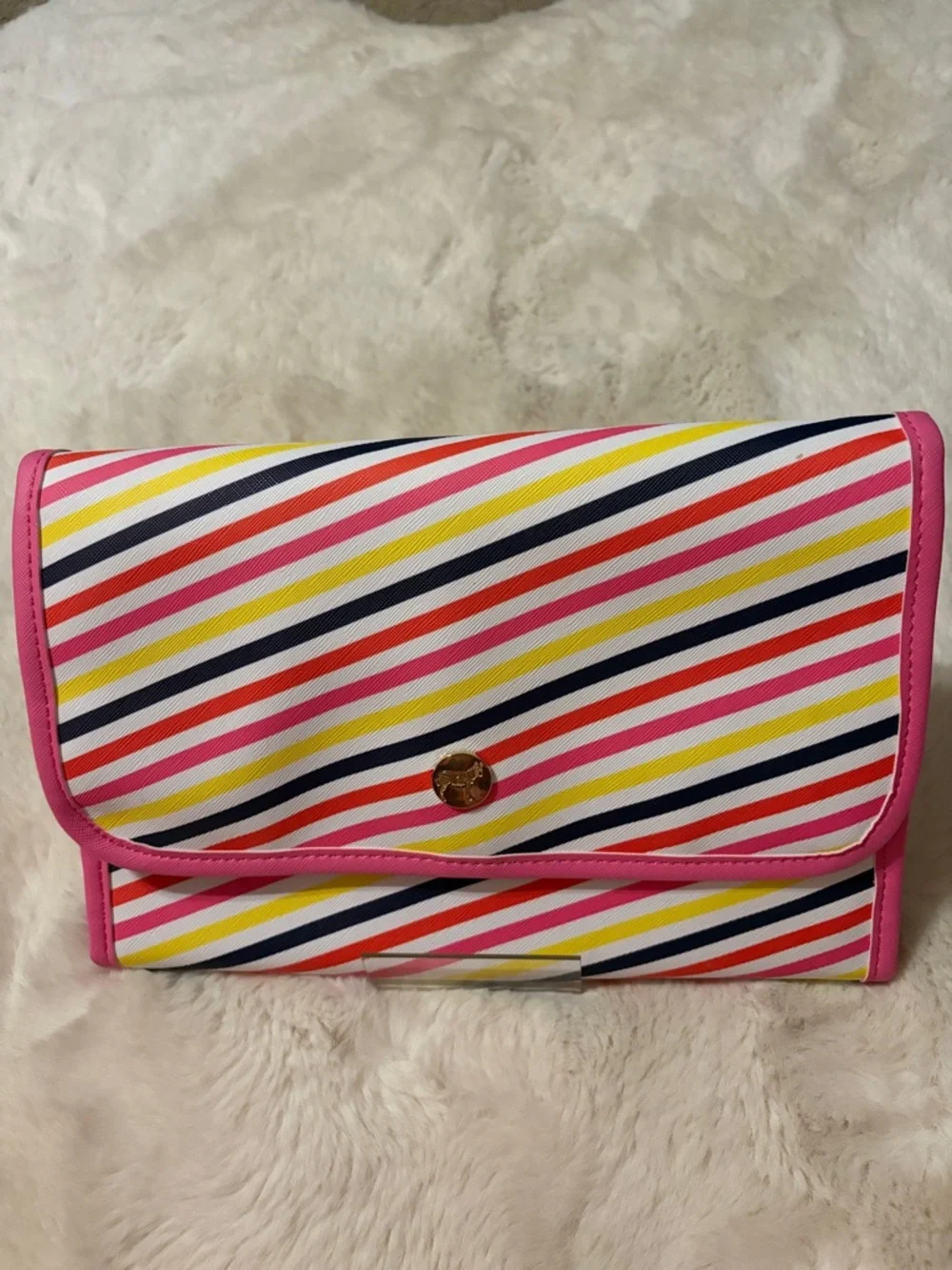 Dabney Lee Diagonal Multicolor Stripe Travel Makeup Case with Pink Trim